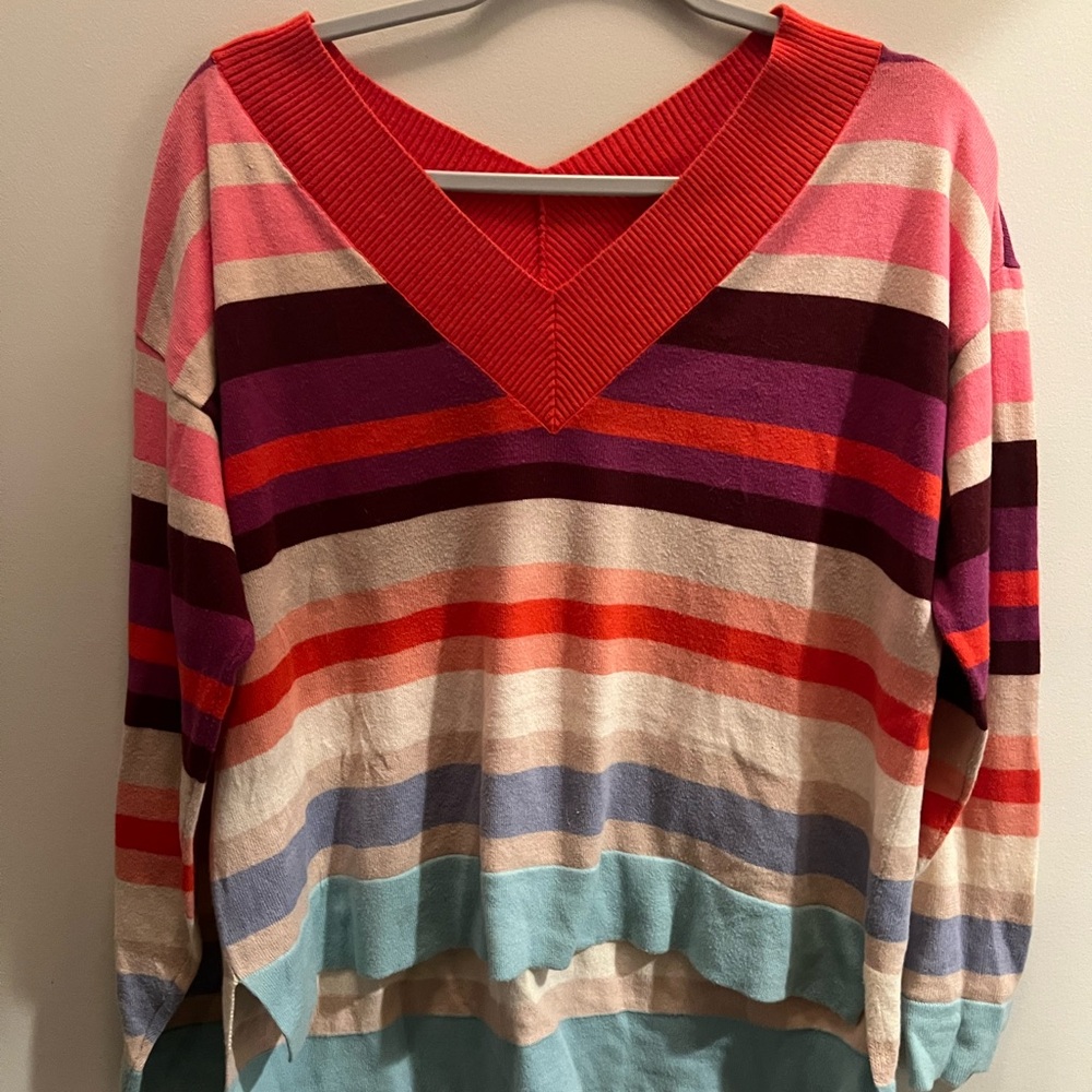 Cabi double v-neck pastel striped lightweight sweater